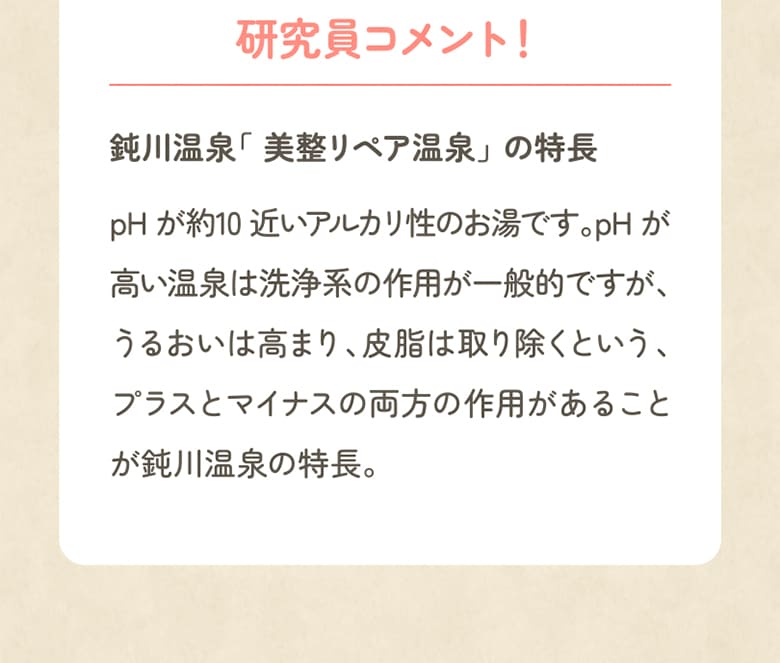研究員コメント！ 鈍川温泉「 美整リペア温泉」 の特長
			pHが約10近いアルカリ性のお湯です。pHが高い温泉は洗浄系の作用が一般的ですが、うるおいは高まり、皮脂は取り除くという、プラスとマイナスの両方の作用があることが鈍川温泉の特長。